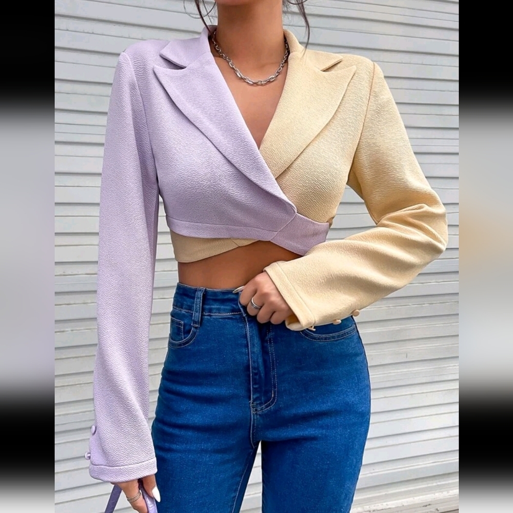 SheIn Color Block Crop Tie-Back Blazer